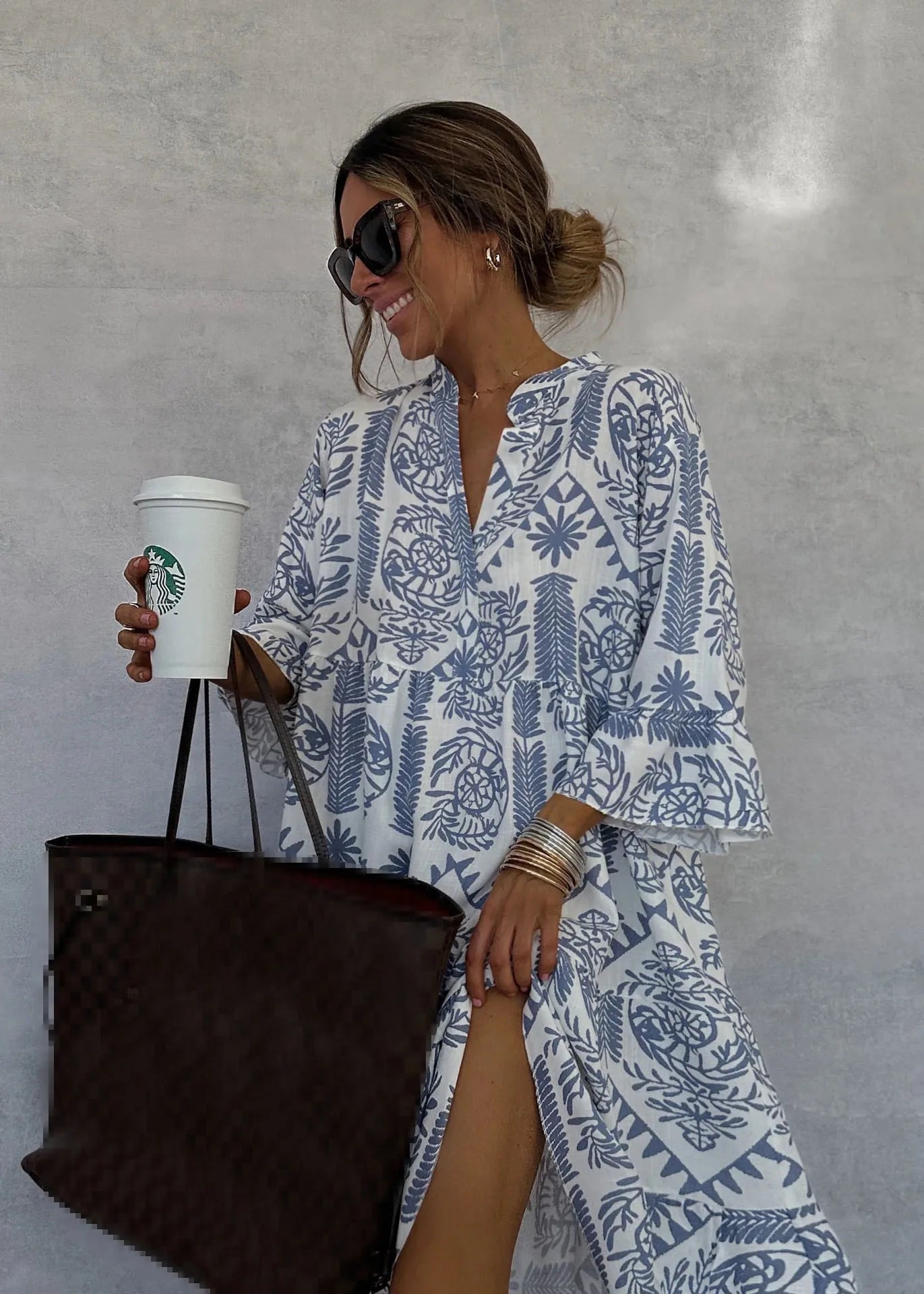 Bohemian Print Midi Dress – V-Neck 3/4 Sleeve Beach Dress