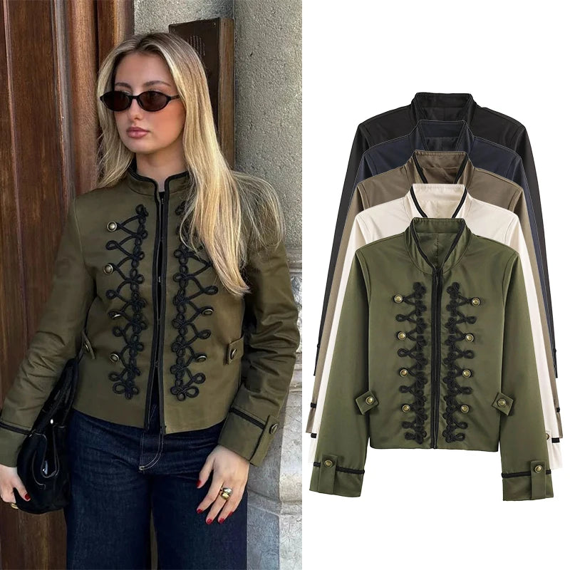 Women's Jacket Vintage Solid Knot Button Single-Breasted Stand Collar Full-Sleeve Slim Short Outerwear Coat