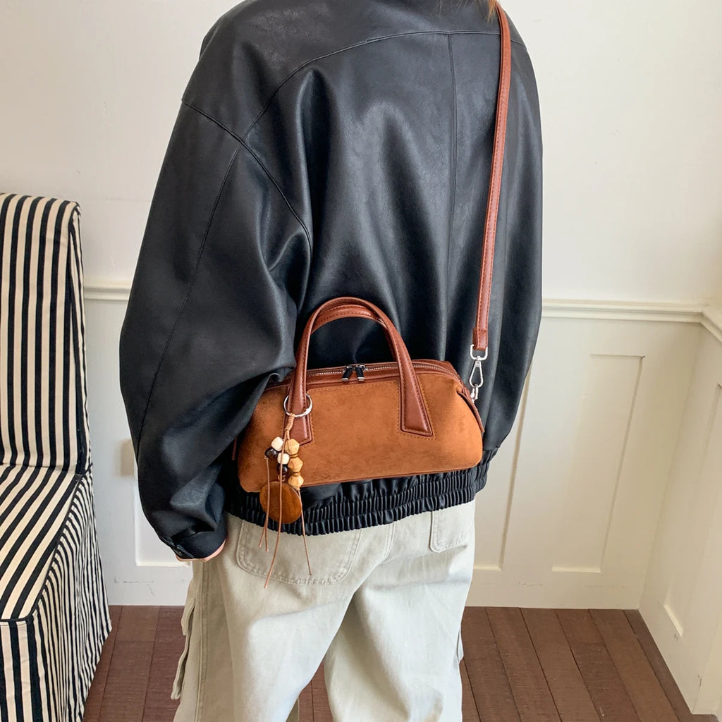 Women's Small Boston-Style PU Crossbody Bag with Zipper