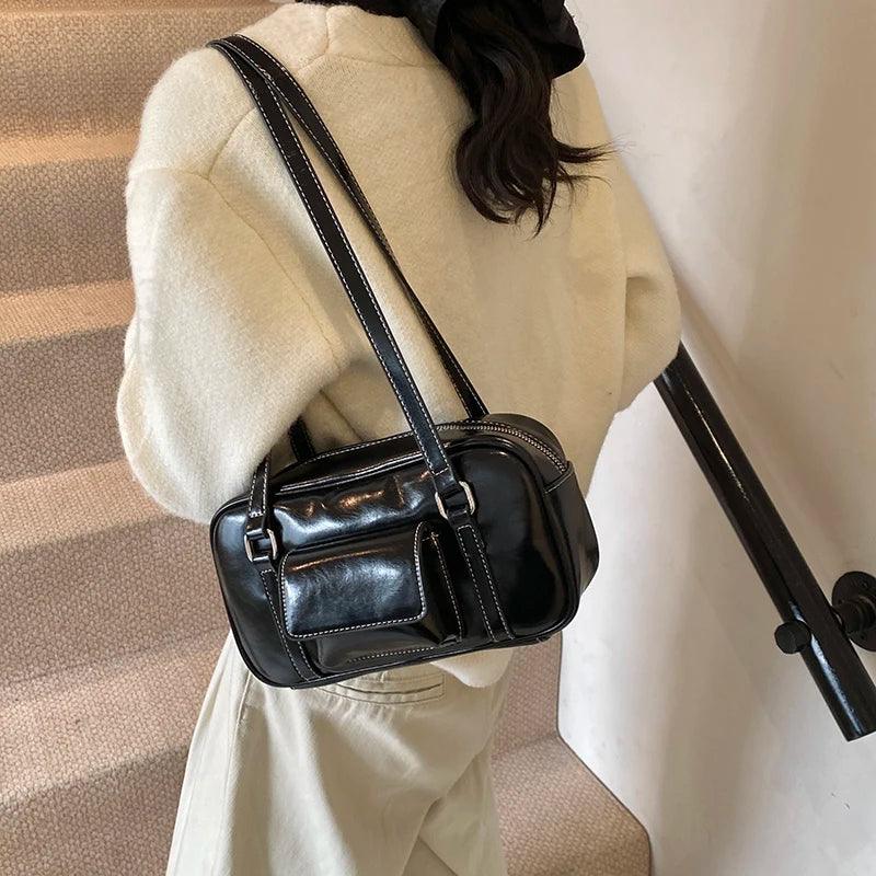 Small Leather Underarm Bags Women Outer Flap Pocket Stitch Zipper Shoulder Bags