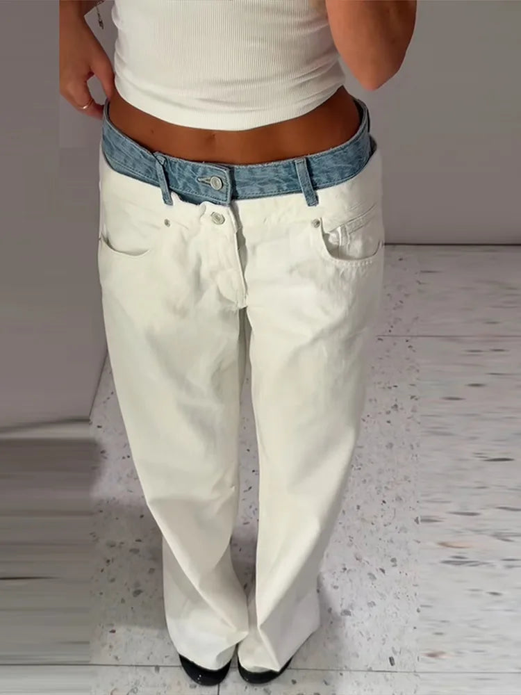 Casual Denim Patchwork Jeans Women Button Zippers Pocket Long Wide Leg Trousers Female 2026 Autumn Winter New Lady Bottoms Chic