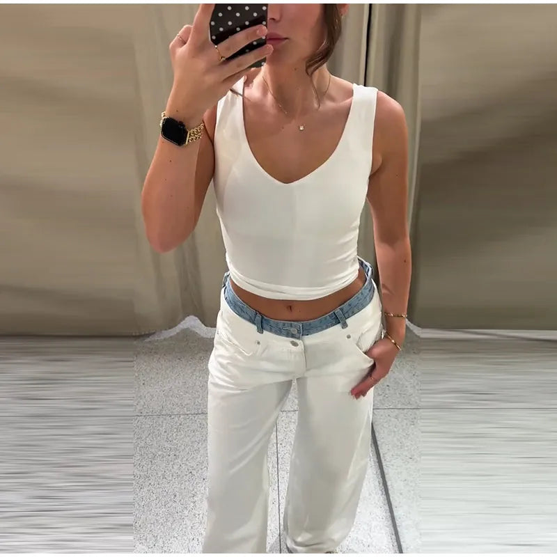 Women's Denim Patchwork Wide-Leg Ankle Jeans Drawstring Low Waist Loose Fit Casual Trendy Bottoms