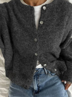 Women's Cardigan Slim-Fit Single-Breasted O-Neck Button Wool-Cotton-Acrylic Blend Full-Sleeve Autumn Winter Sweater