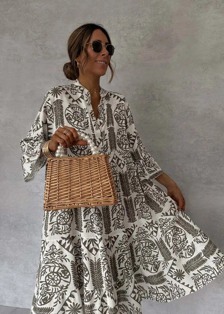 Bohemian Print Midi Dress – V-Neck 3/4 Sleeve Beach Dress