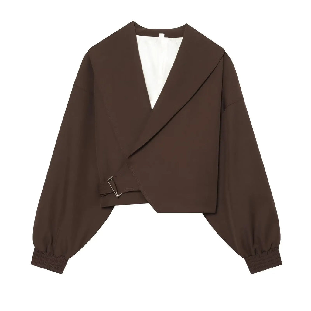 Women's Fashion Cropped Jackets V-Neck Long Sleeves With Bow Solid Pullover Chic Lady Outfits