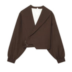 Women's Fashion Cropped Jackets V-Neck Long Sleeves With Bow Solid Pullover Chic Lady Outfits