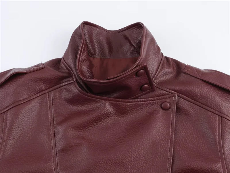 Women's Jacket Pebble Faux Leather Full-Sleeve Moto-Style Zipper Casual Coat