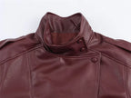 Women's Jacket Pebble Faux Leather Full-Sleeve Moto-Style Zipper Casual Coat