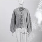 Women's Cardigan Knit Open-Stitch Button O-Neck Loose Full-Sleeve Casual Autumn Winter Sweater