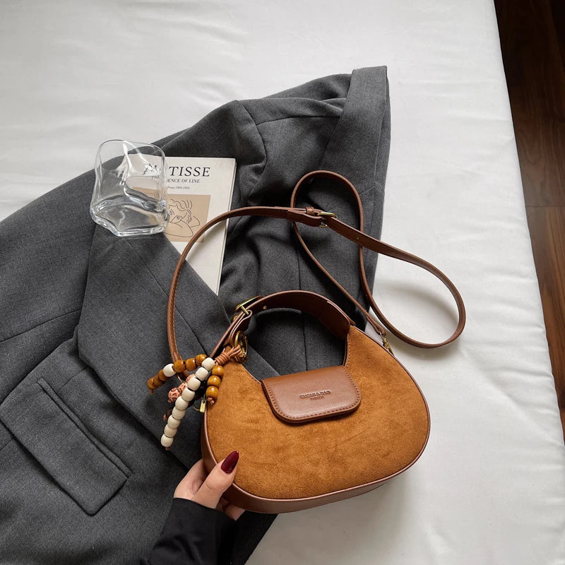 Women's Retro PU Leather Small Saddle Bag – Crossbody Shoulder Handbag with Pendant