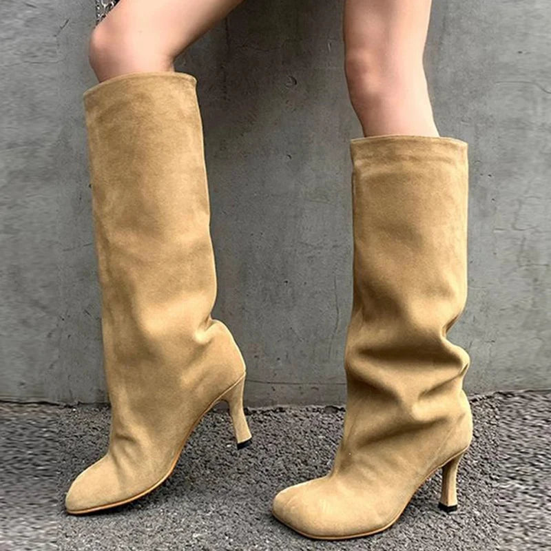 Women's Slouchy Faux Suede Knee-High Heeled Boots