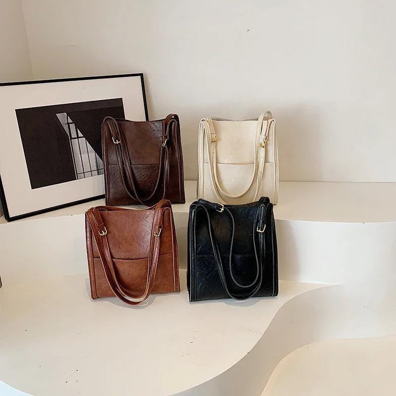 Retro Leather Shoulder Bags Women Snap With Interior Purse Outer Pocket Handbag