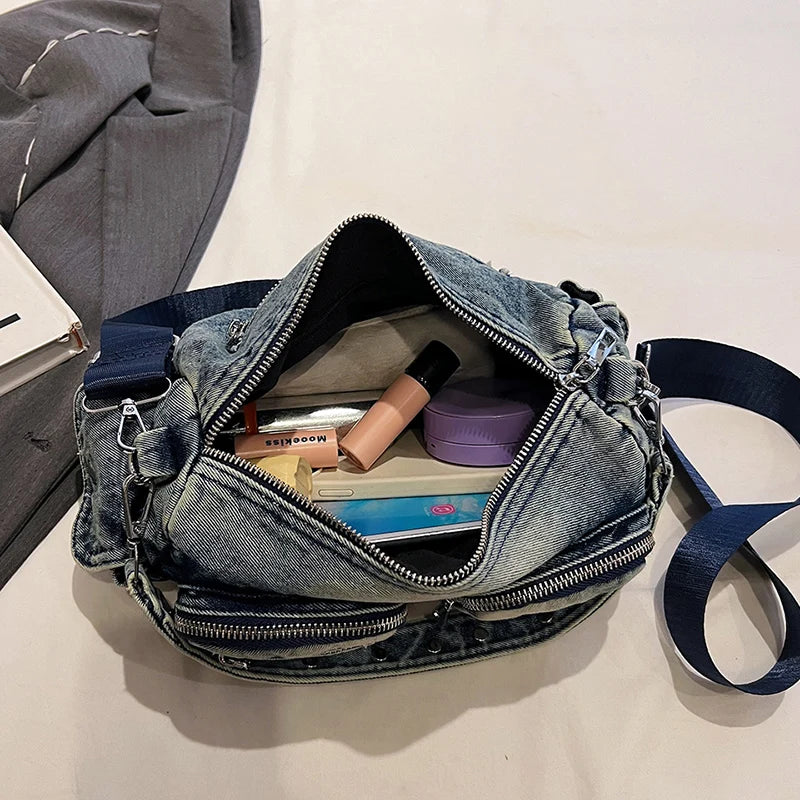 Denim Small Shoulder Bag Women Zipper Outer Pockets Retro Crossbody Purses