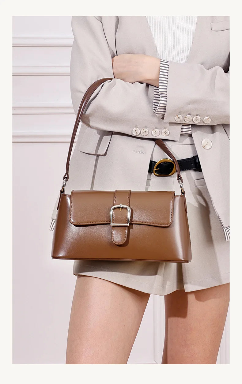 Women's Genuine Leather Baguette Shoulder Bag – Vintage Cowhide Crossbody