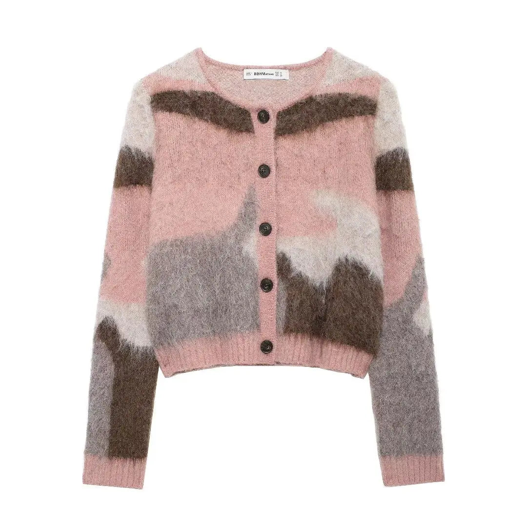 Women's Cardigan Vintage Print Knit O-Neck Full-Sleeve Single-Breasted A-Line Sweater