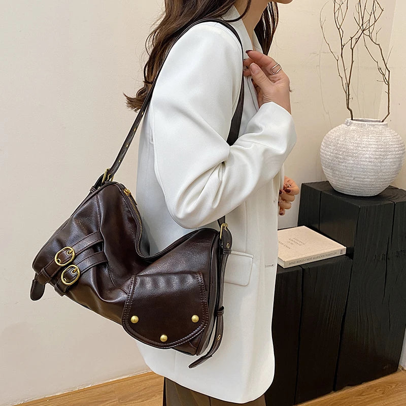 Large Retro Leather Crossbody Bags Outer Flap Pocket Belt Stud Zipper Shoulder Bags