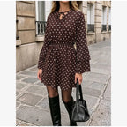 Women's Mini Dress Polka Dot Tie V-Neck Flared Long-Sleeve Slim-Fit Casual Summer Club Dress