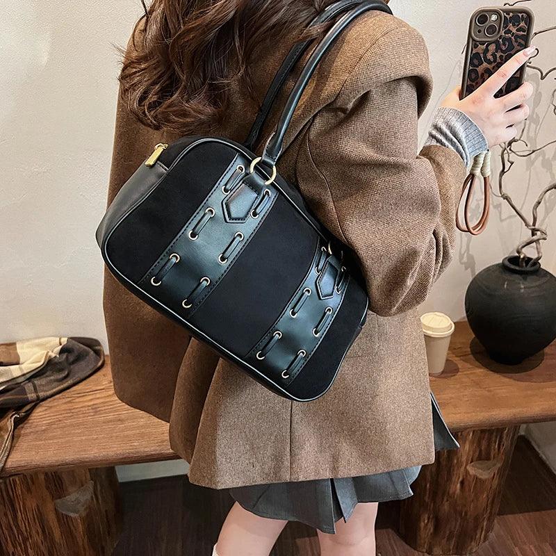 Medium Shoulder Bags Nubuck Leather Stiches Style Women Zipper Double Handles