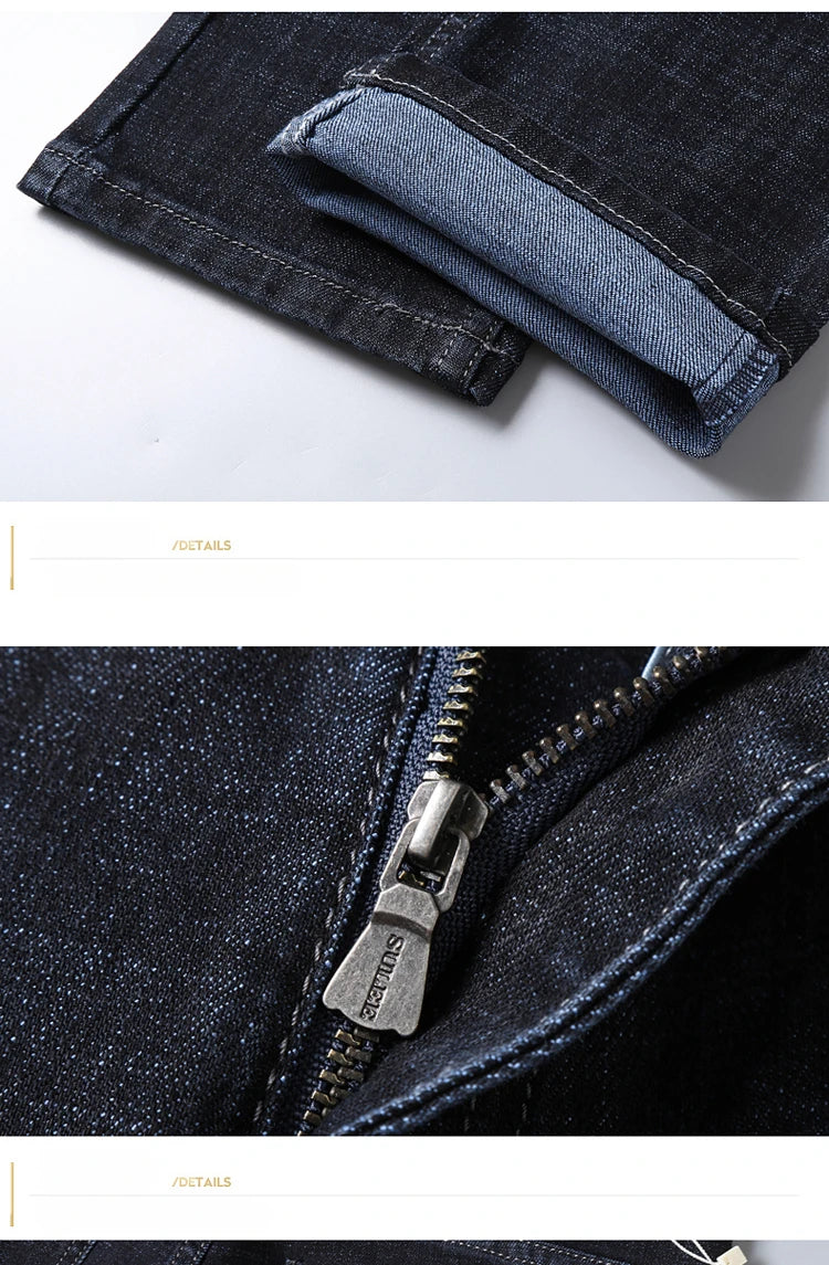 New High Quality Jeans Men's Business Casual Straight Denim Pants Stretch Fashion Classic Work Trousers Blue Black Male