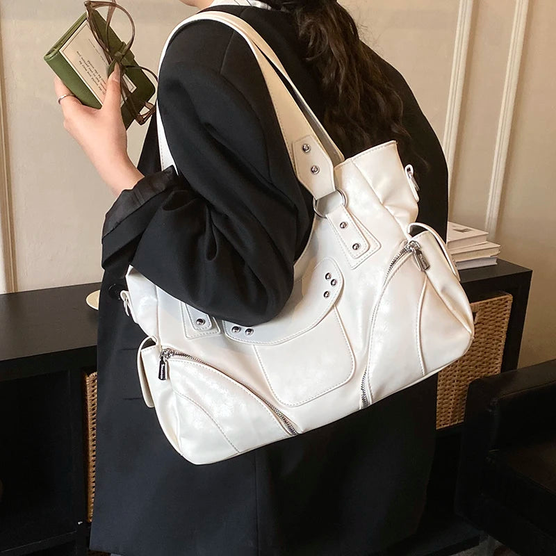 Women's PU Leather Hobo Shoulder Bag - Silver Stud Rivet Detail, Adjustable Strap