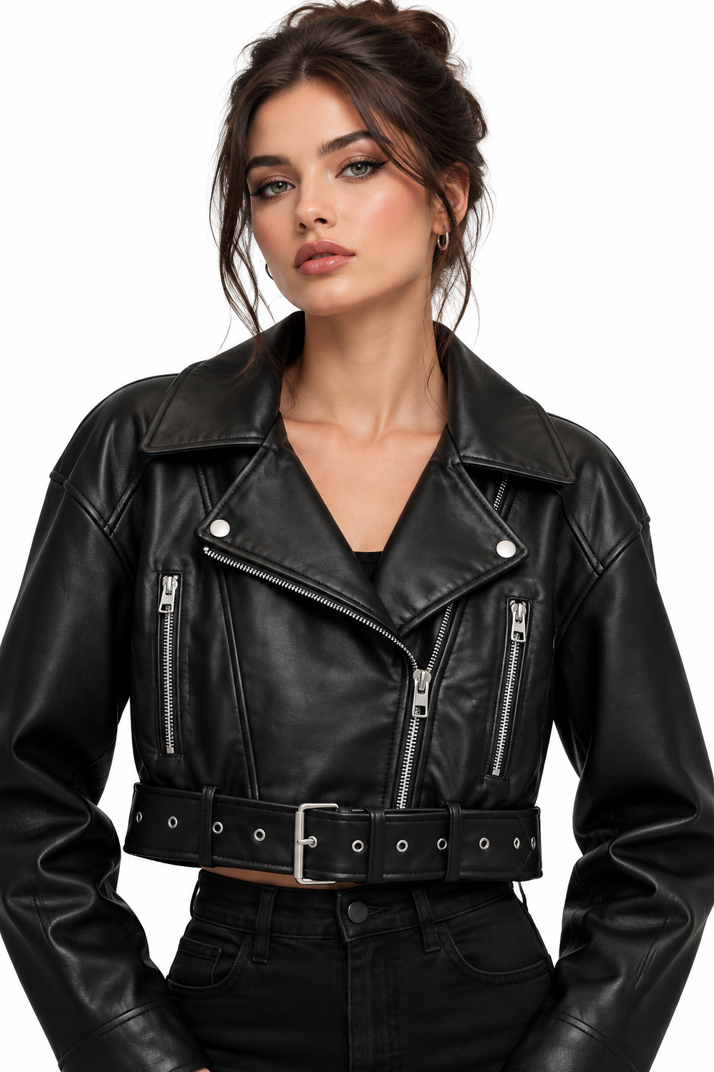 Women's Jacket Vintage Oversized Loose Faux PU Leather Full-Zip Turn-Down Lapel Short Retro Moto Biker Coat
