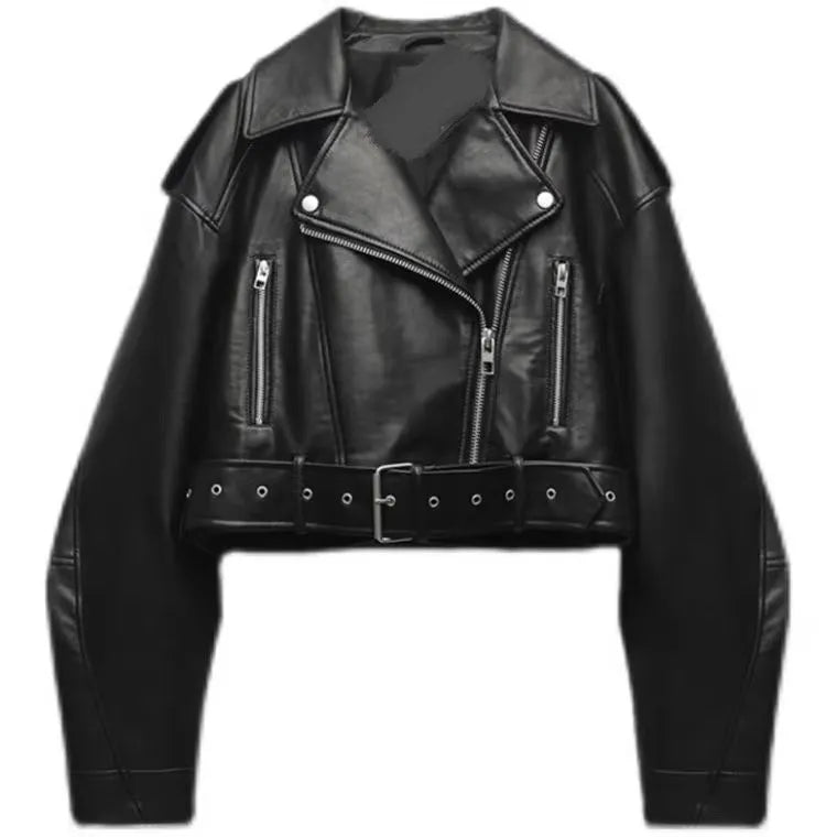 Women's Jacket Vintage Oversized Loose Faux PU Leather Full-Zip Turn-Down Lapel Short Retro Moto Biker Coat