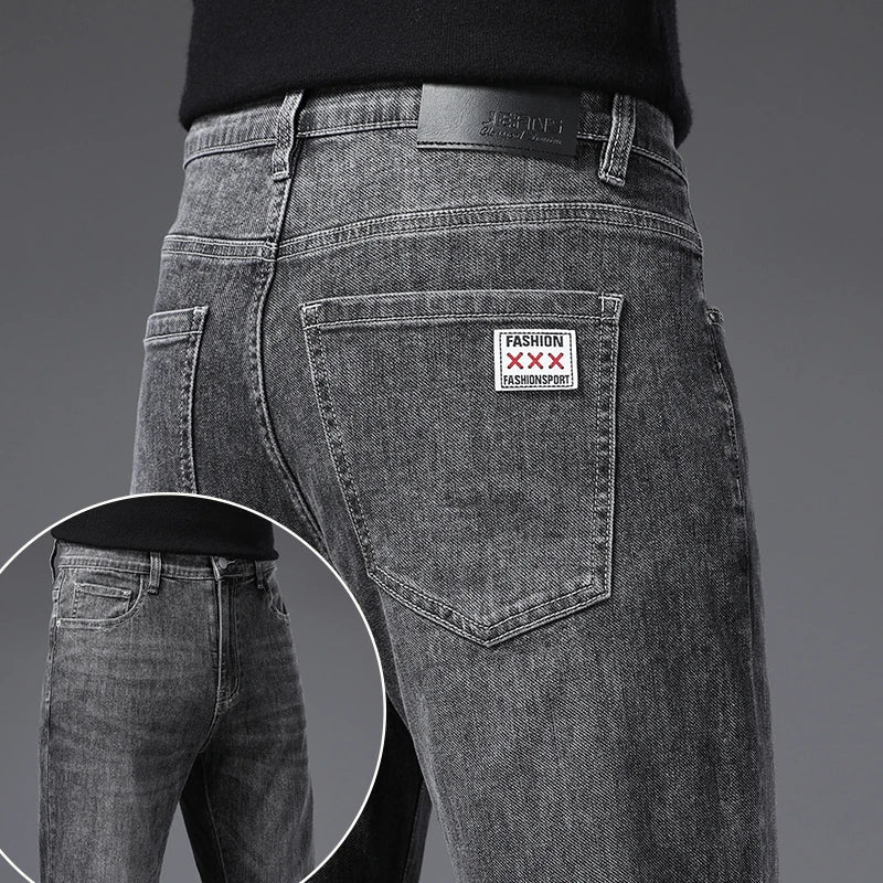 Men's Soft Stretch Straight Jeans Business Casual Slim Fit Wash Denim Pants Korean Fashion Blue Gray Male Brand Trousers