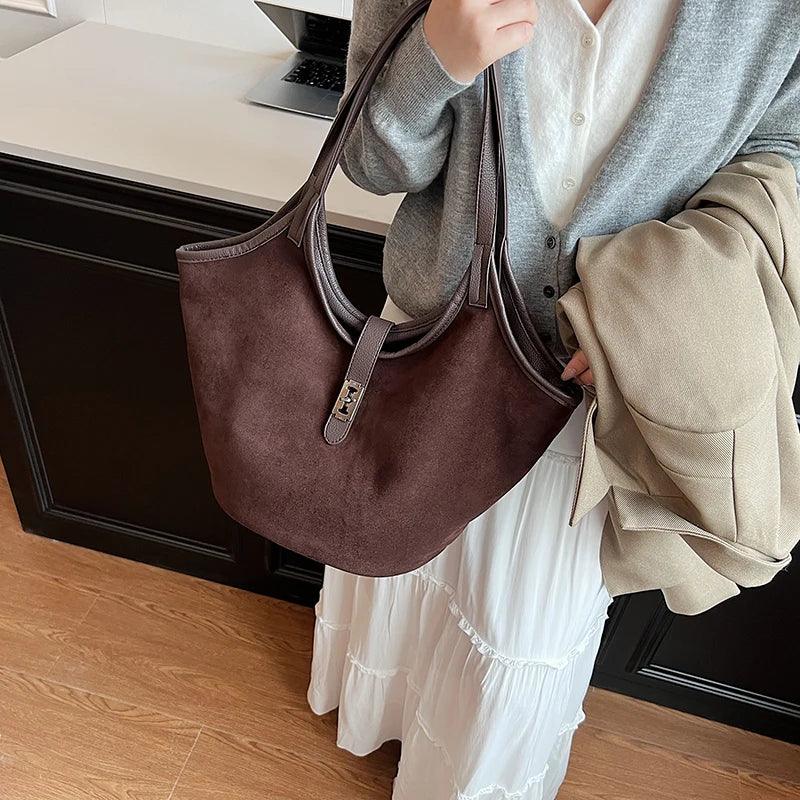 Small Nubuck Leather Shoulder Bags Women Zipper Turn Lock Matte Tote Handbags