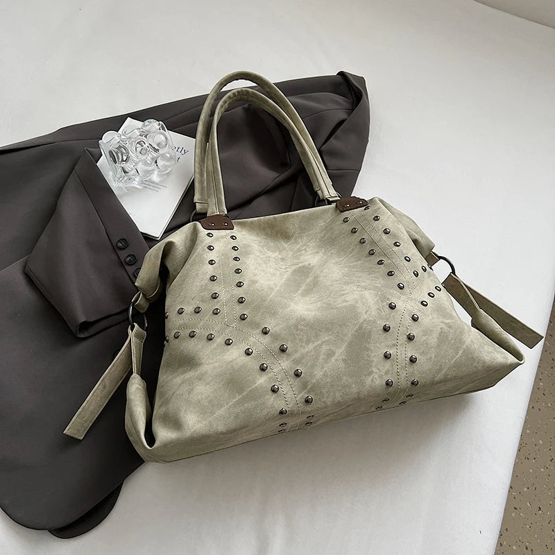 Women's Rivet PU Leather Large Capacity Shoulder Bag – Punk Style Tote Handbag