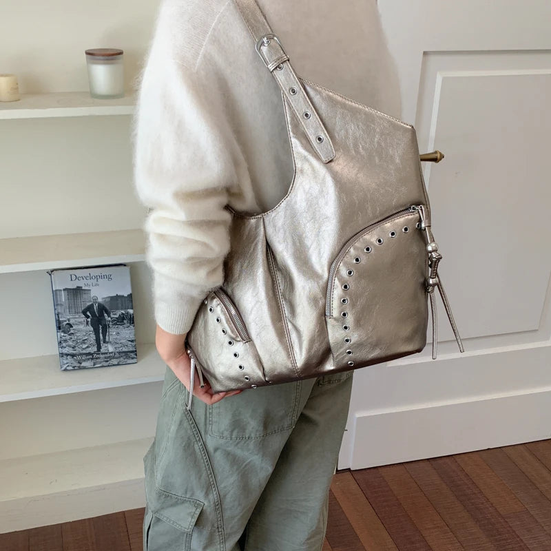 Women's Faux Leather Hobo Shoulder Bag with Zipper Closure