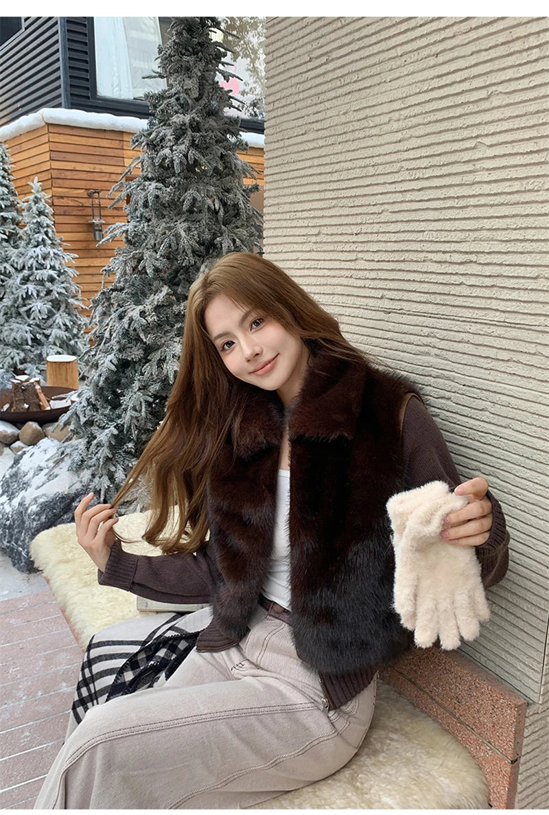 Women's Cropped Faux Fur Jacket with Ribbed Knit Sleeves