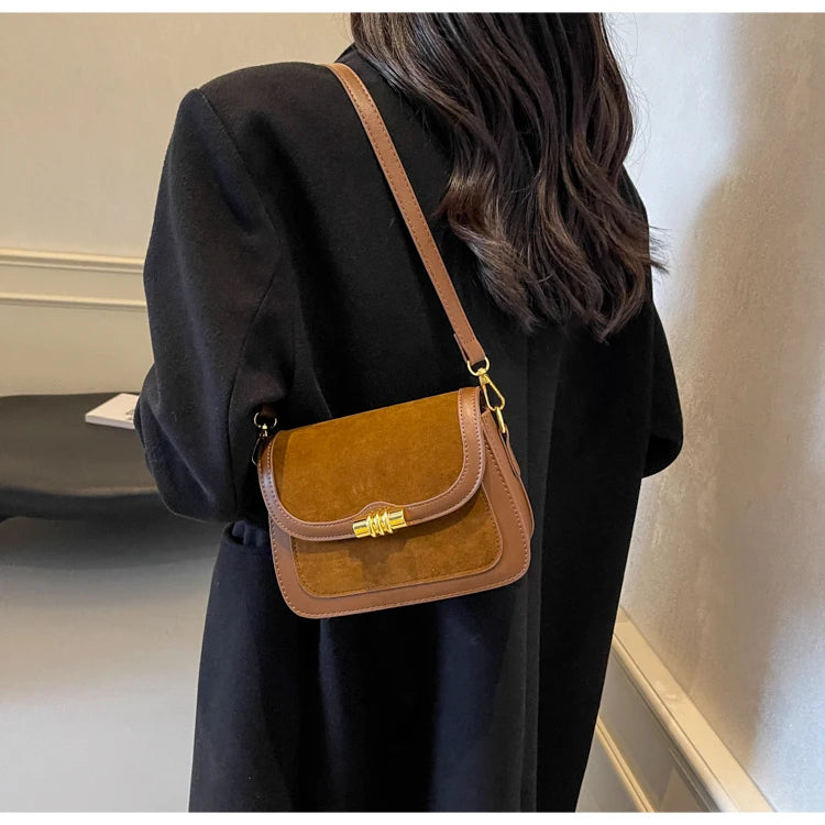 Retro Faux Suede Brown Crossbody Bags Women Flap Small Square Casual Bag