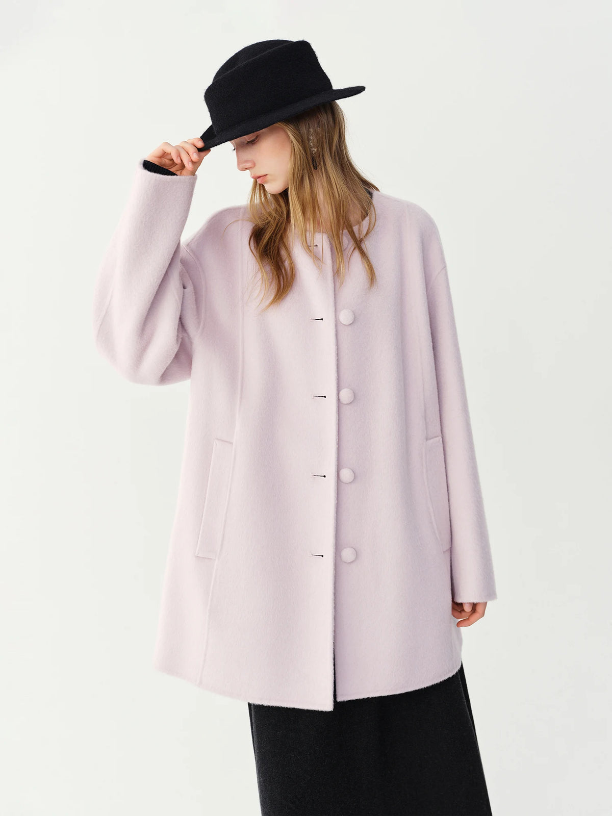 Women's Wool & Alpaca Double-Sided Overcoat – Round Neck, Mid-Long, Loose Fit