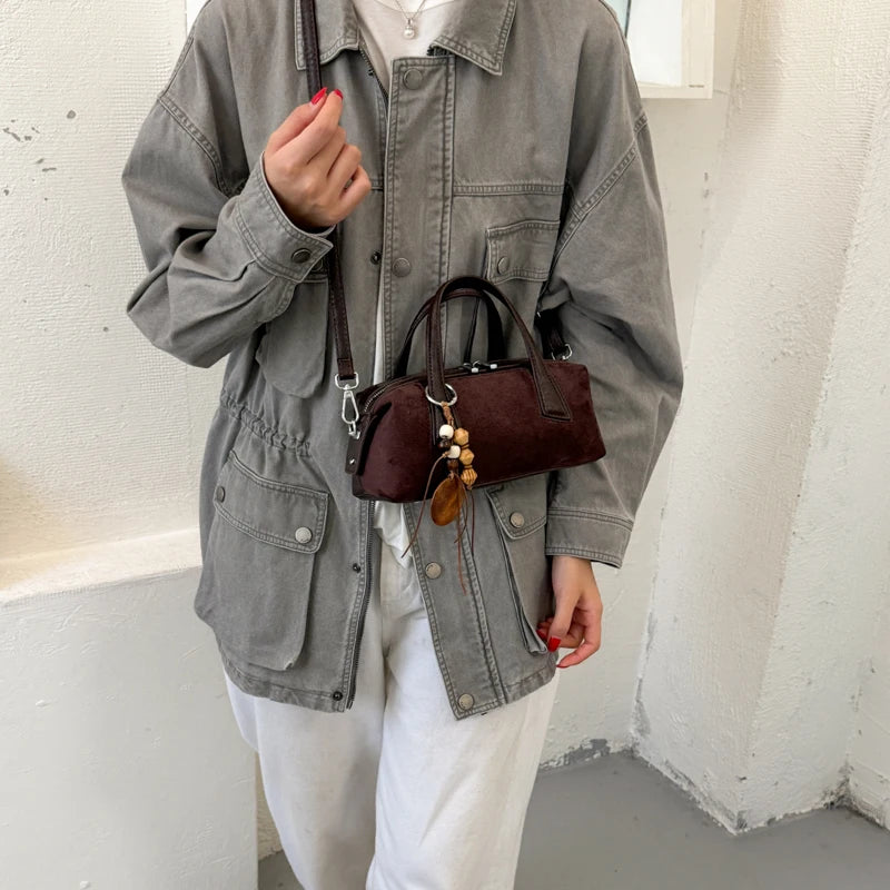 Women's Small Boston-Style PU Crossbody Bag with Zipper