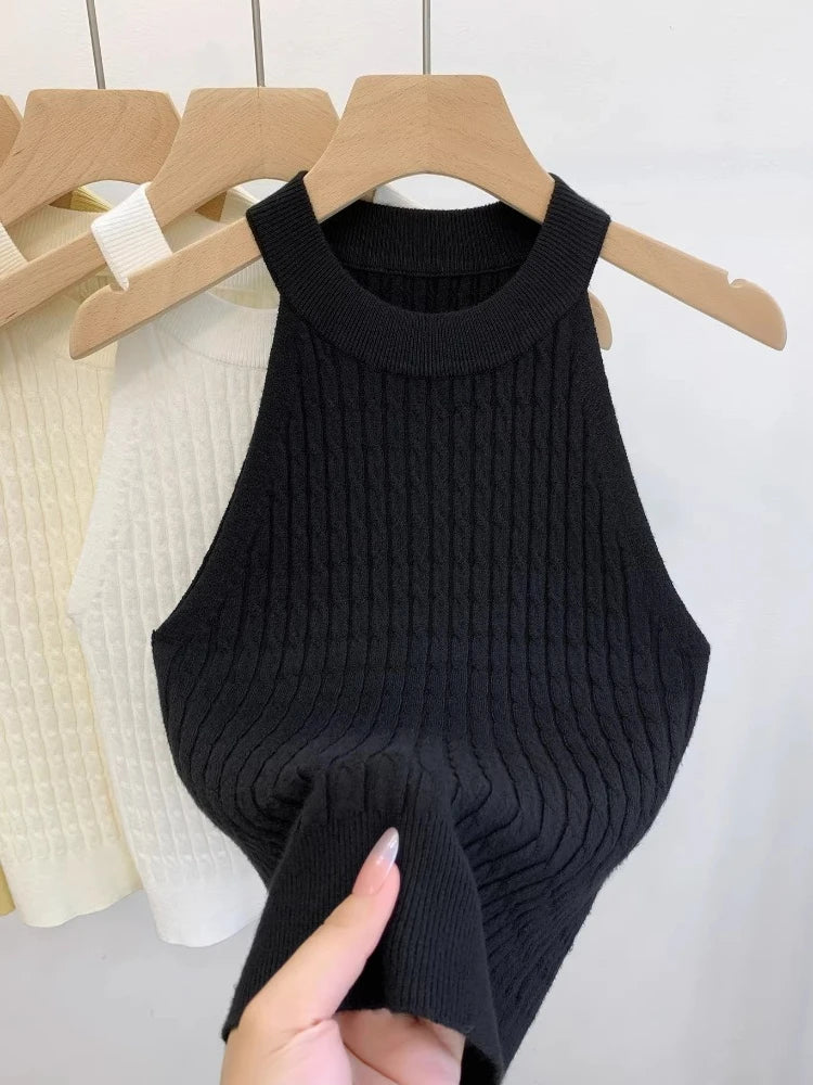Women's Knitted Halter Camisole Slim Fit Sleeveless Base Tank Tops Solid Crop Tops