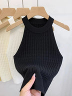 Women's Knitted Halter Camisole Slim Fit Sleeveless Base Tank Tops Solid Crop Tops