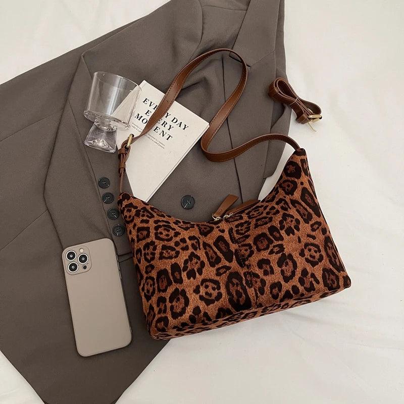 Suede Leopard Shoulder Bags Women Zipper Medium Soft Purse with Adjustable Strap