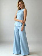 2026 Women Casual Set Elegant Back Tie Sleeveless Peplum Top + Wide Leg Pants 2 Pieces