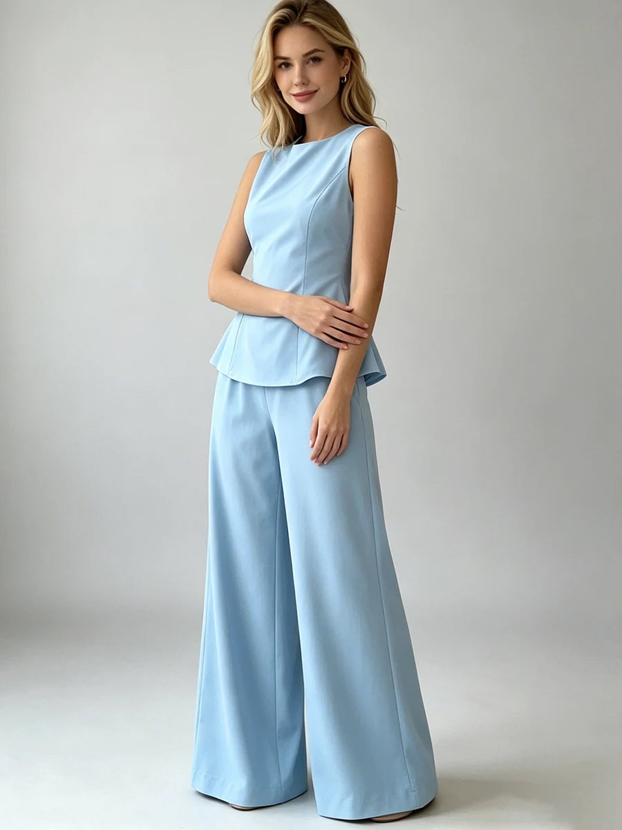 2026 Women Casual Set Elegant Back Tie Sleeveless Peplum Top + Wide Leg Pants 2 Pieces