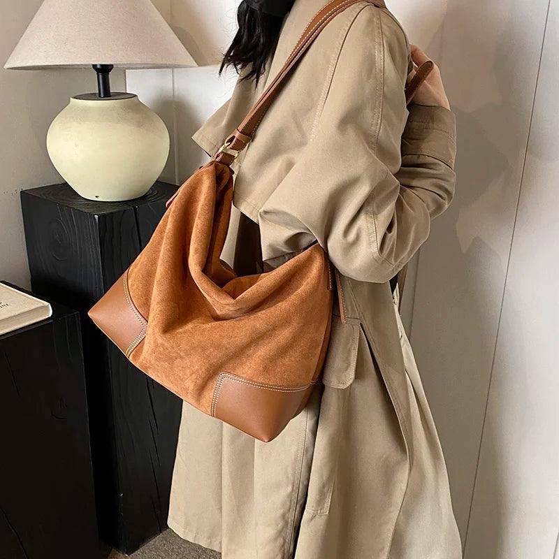 Nubuck Leather Shoulder Bags Women Large Patch Zipper Adjustable Strap Handbags