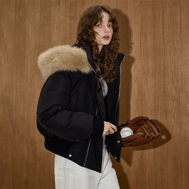 Women's Hooded Winter Bomber Jacket with Faux Fur Trim