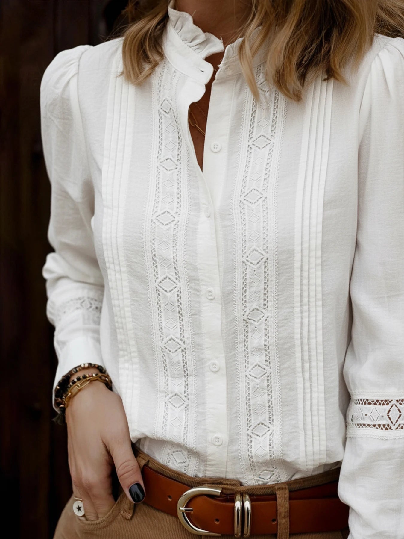 Women's Shirt Ruffle French Retro Round Collar Long-Sleeved Top Buttoned US & EU Style
