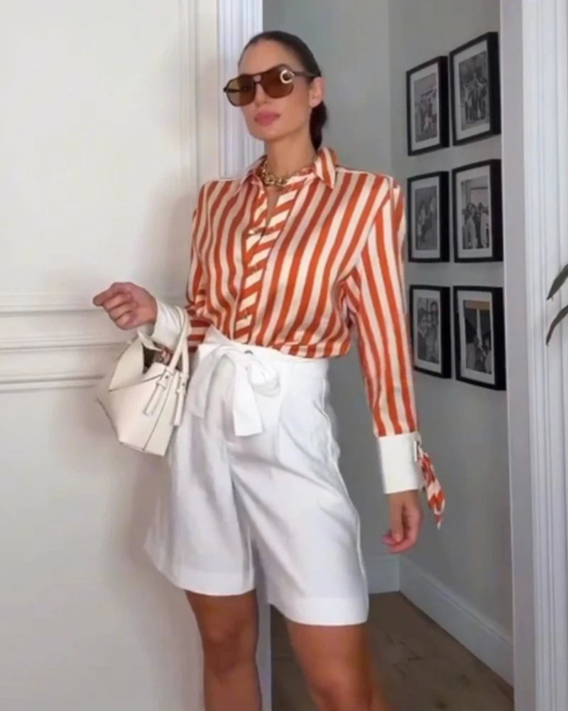 Women's Shirt 2026 Fashion Bow-tie Striped Top Long Sleeve Elegance Chic Daily