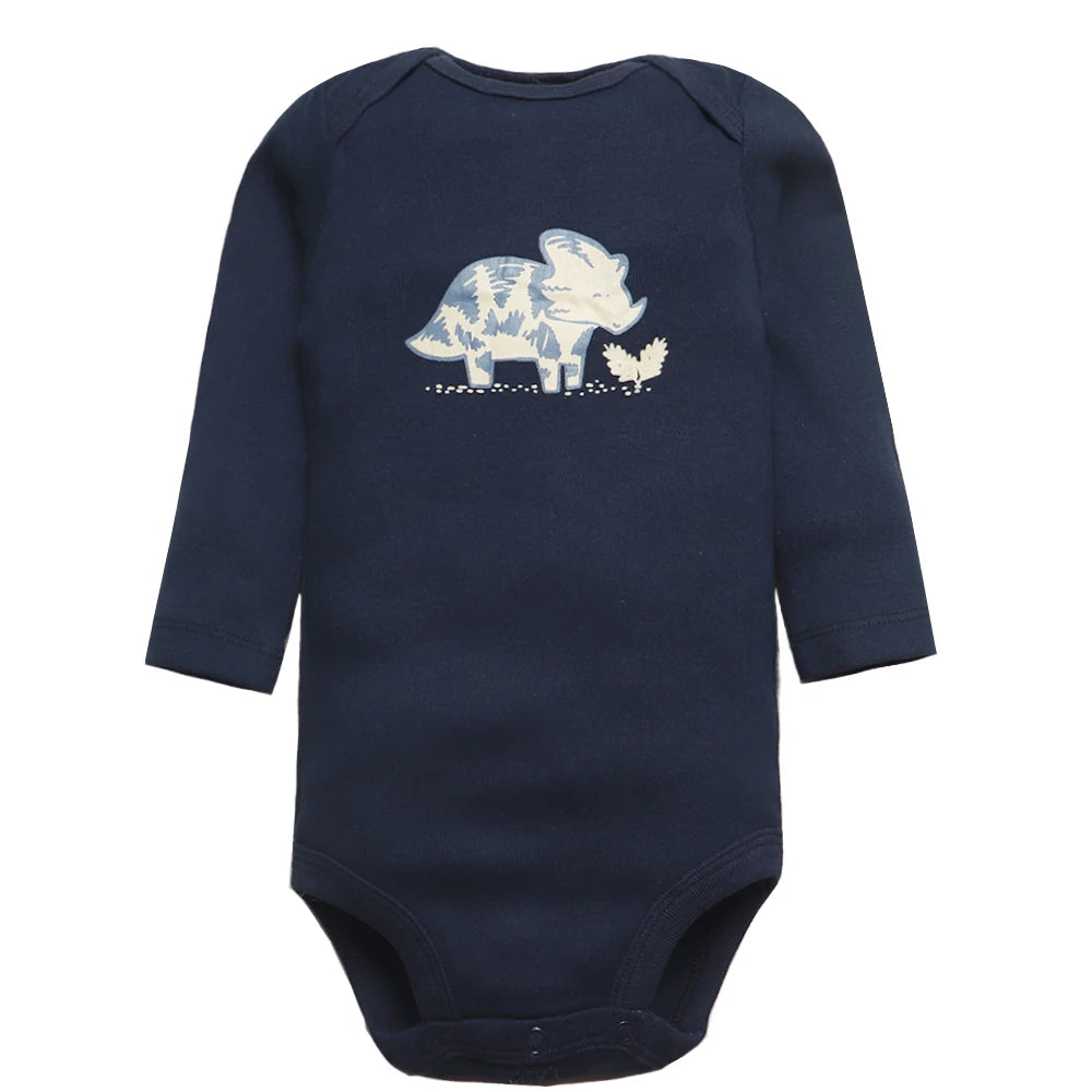 Solid navy blue raglan sleeve bodysuit with centered light blue and white rhinoceros graphic next to plant