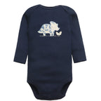 Solid navy blue raglan sleeve bodysuit with centered light blue and white rhinoceros graphic next to plant