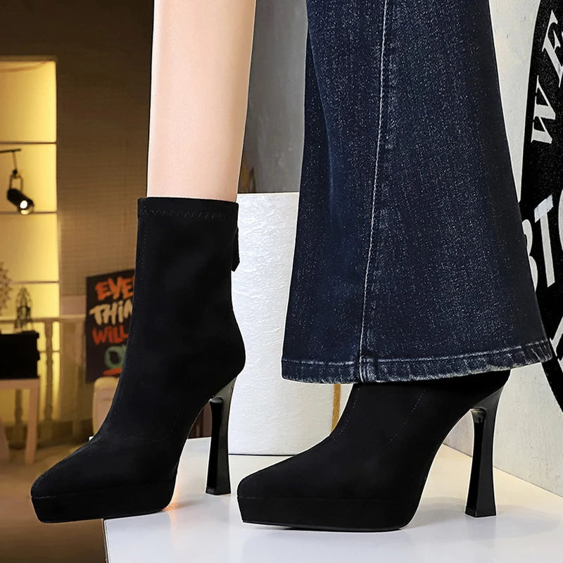 Women’s Suede Ankle Boots – Pointed Toe Platform Stiletto