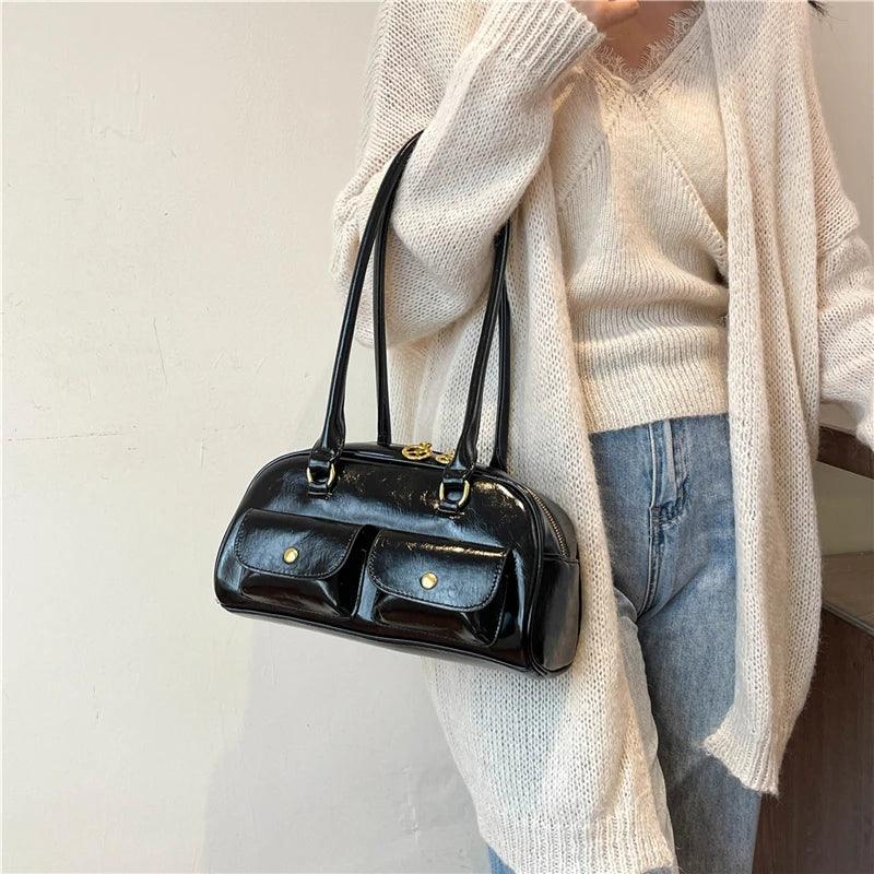 Double Snap Pockets Retro Leather Shoulder Bags Women Zipper Tote Handbags