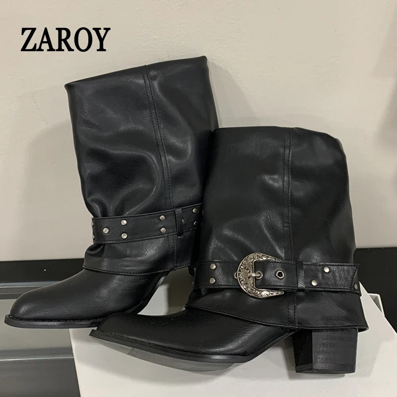 Women's Western Buckle Ankle Boots with Block Heels