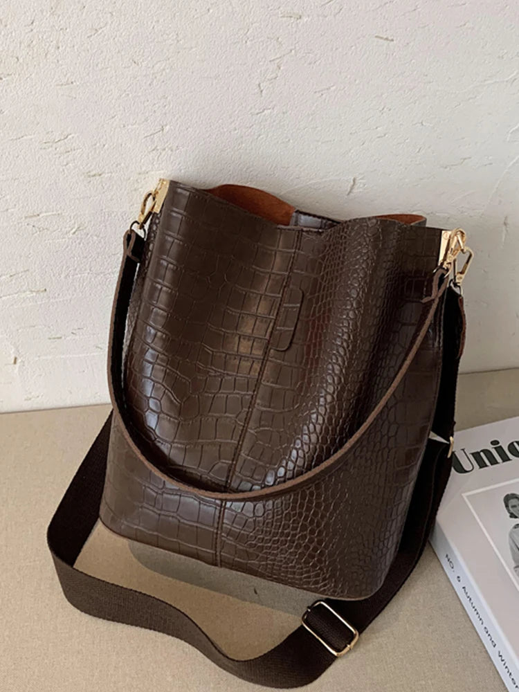 Women Bag Vintage Crocodile Pattern Crossbody Bags PU Leather Trend Designer Shoulder Handbags Large Capacity Bucket