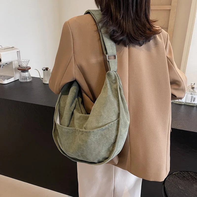 Large Suede Retro Shoulder Bag Women Zipper Soft Outer Pockets Hobo Handbags